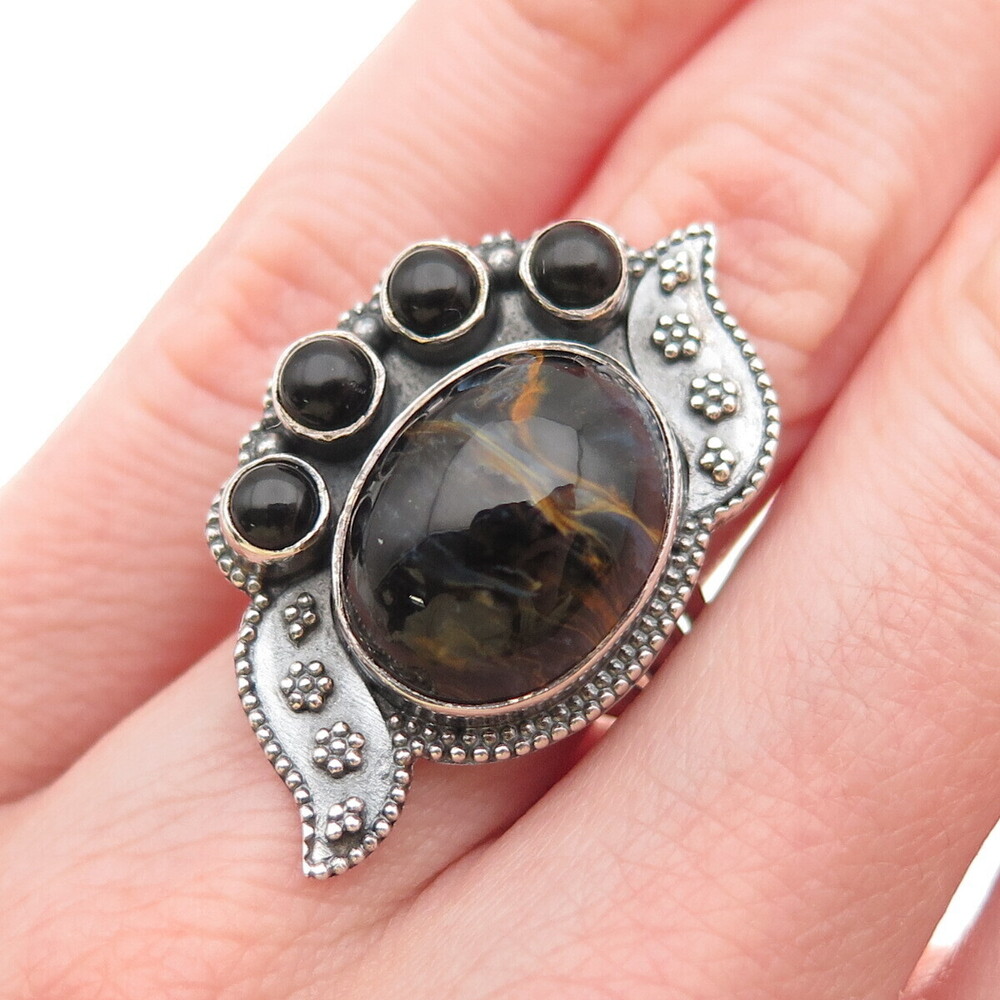 925 Sterling Silver Vintage Real Black Tiger Eye & Onyx Modernist Ring Size 6.25 - Picture 1 of 8